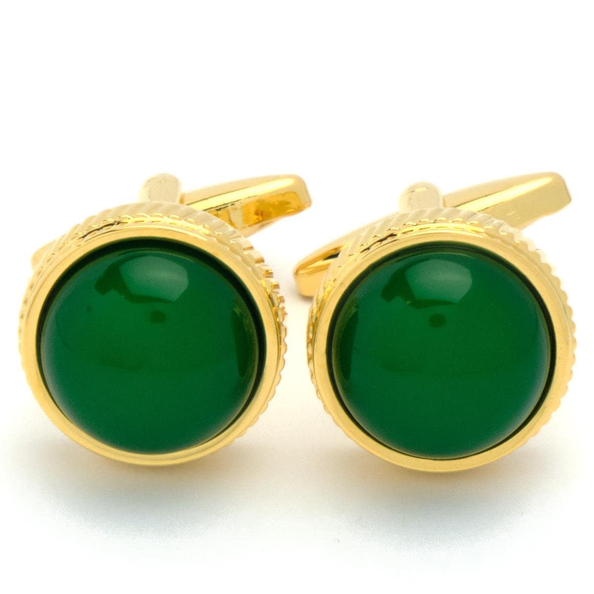 Cufflinks - Gold Round with Green Stone