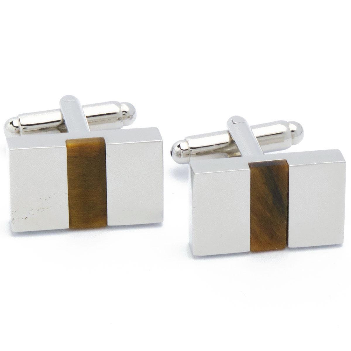 Cufflinks - Silver with Tiger's Eye Gemstone Rectangle