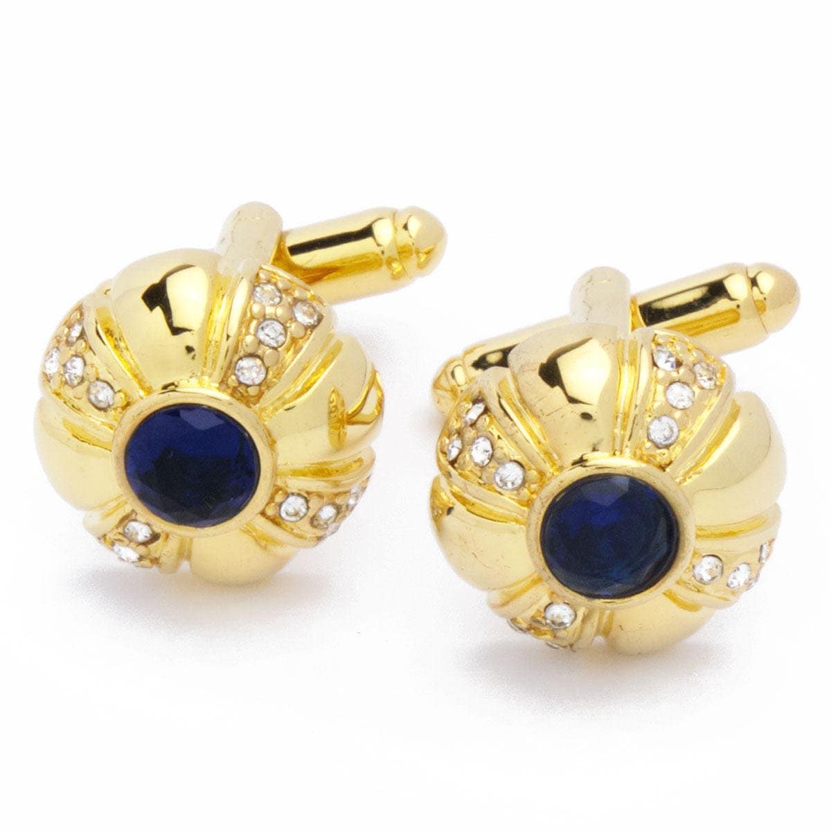 Cufflinks - Gold Round with Dark Blue and White Stones