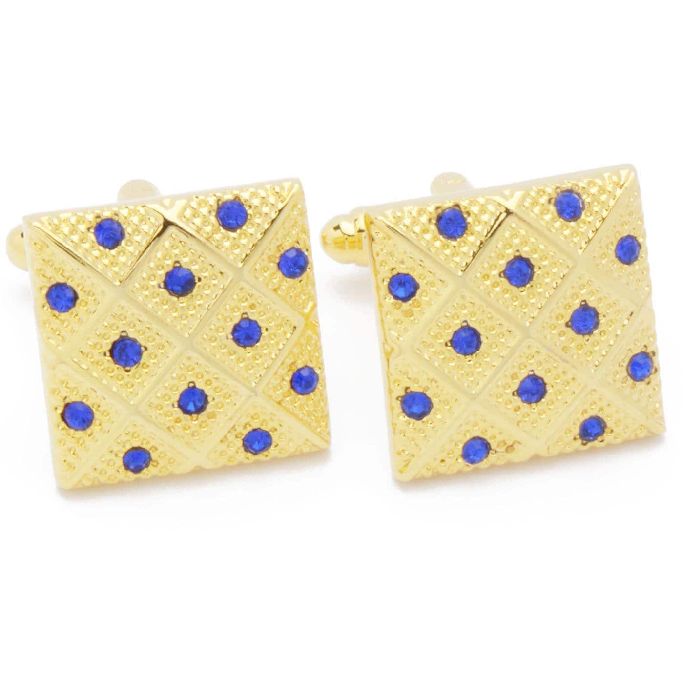 Cufflinks - Square Gold Pattern with Blue Stones