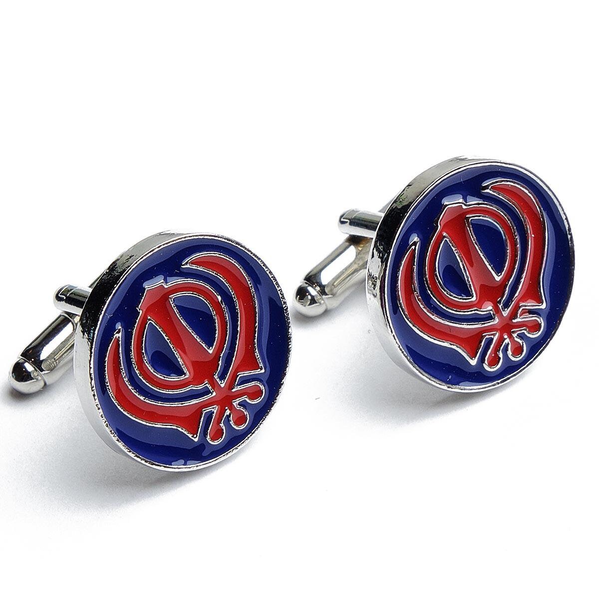 Cufflinks - Red with Blue Pattern Round