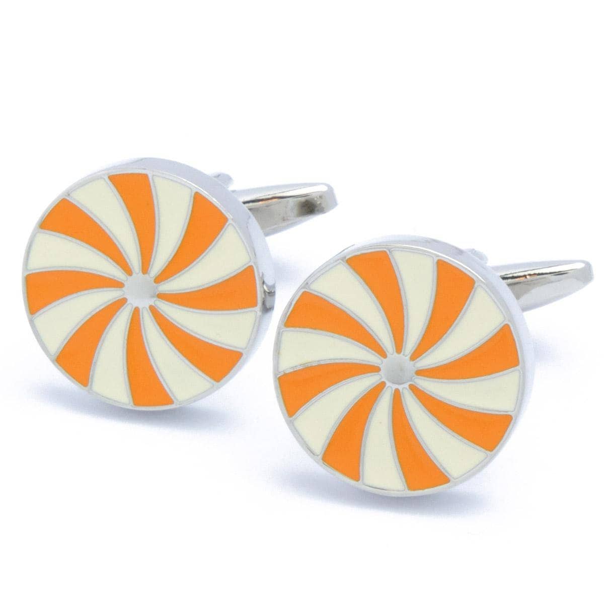 Cufflinks - Round with White and Orange Spinning Wheel Design