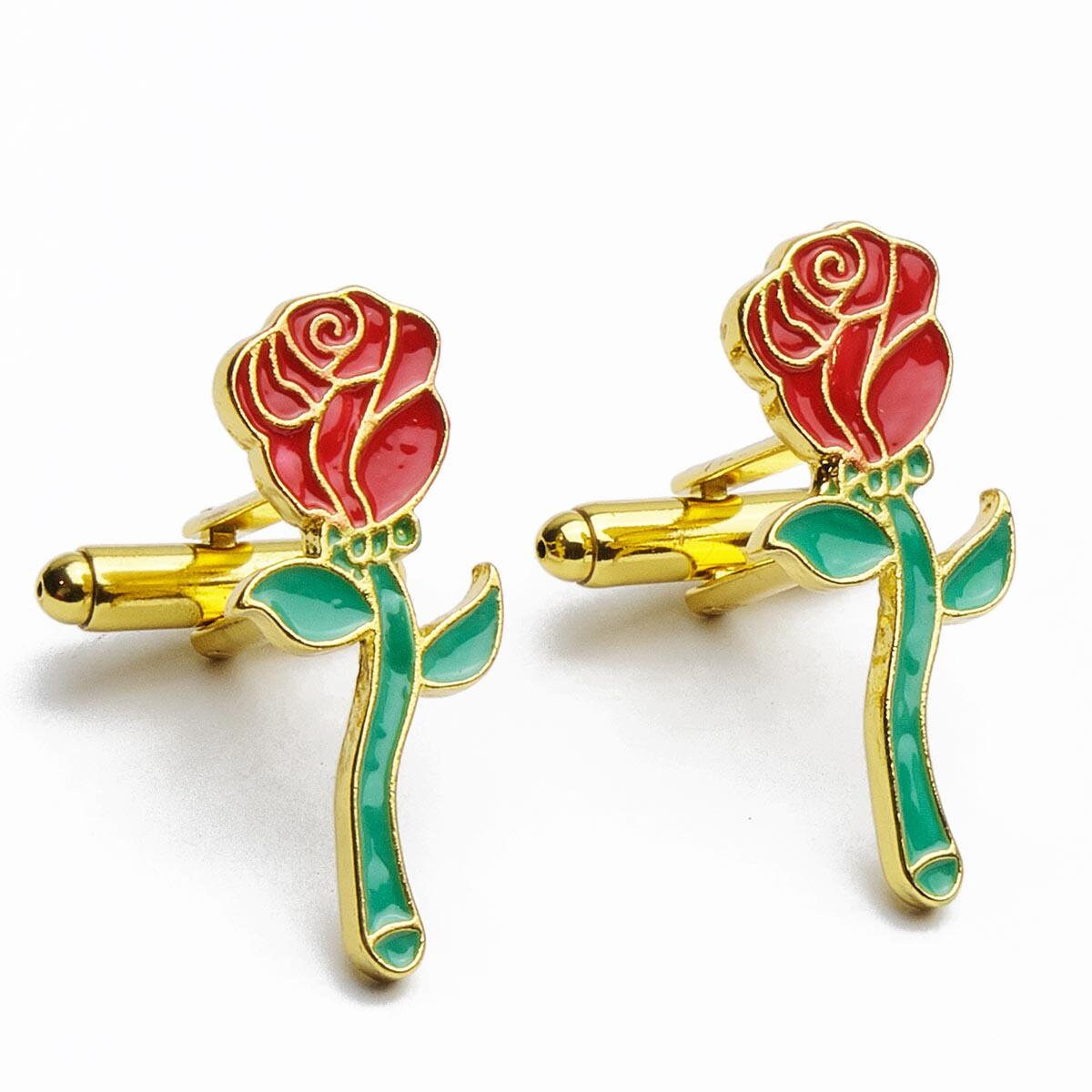 Cufflinks - Rose Flowers Red with Green Gold