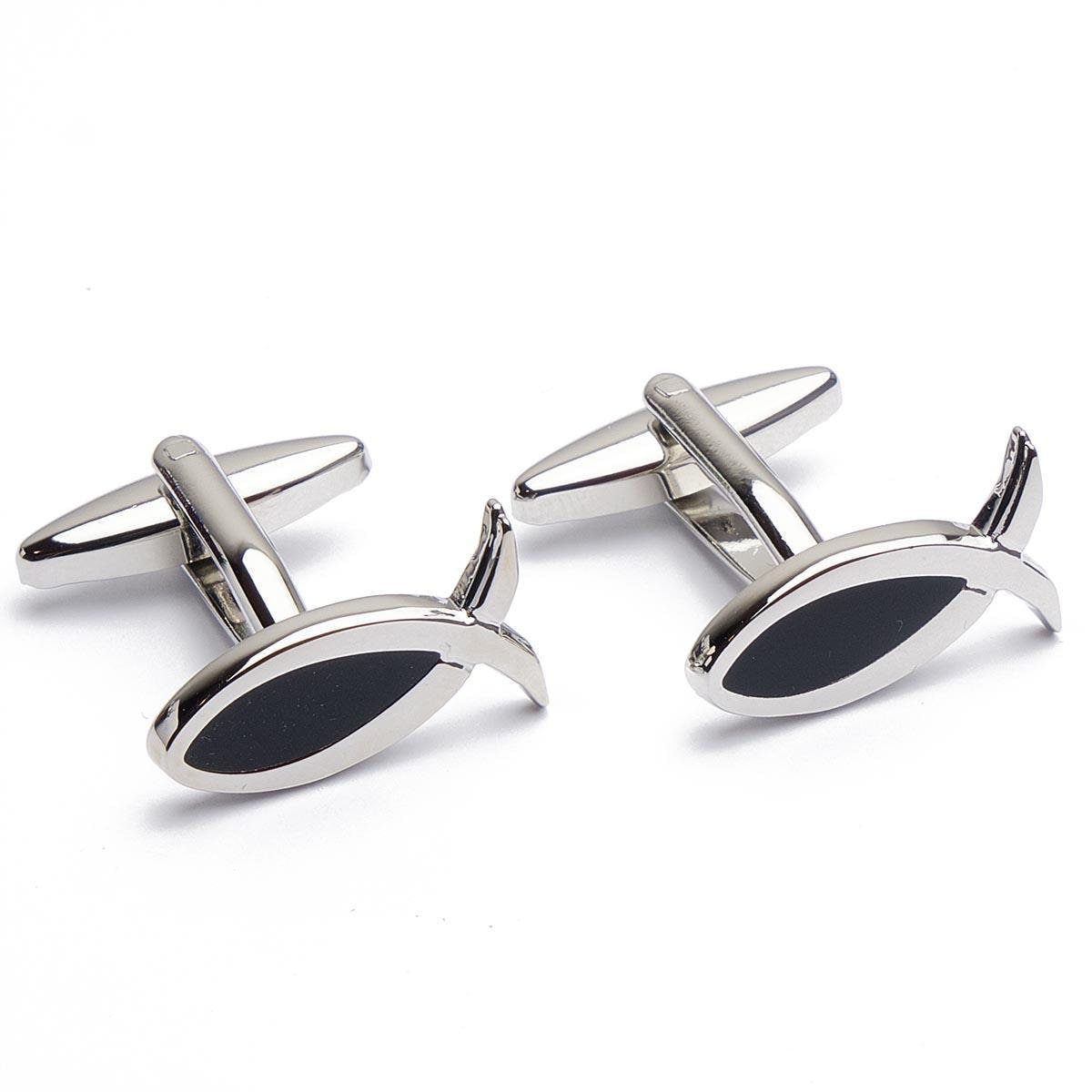 Cufflinks - Fish Fish Symbol Religion with Black Enamel